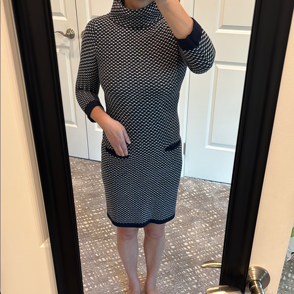 Boden Elegant Navy Blue and White Knit Dress